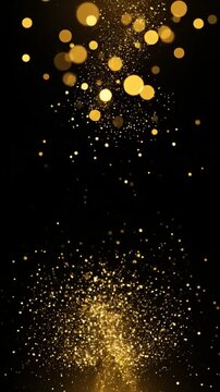 Glowing golden dust particles floating upwards in a dark space creating a magical elegant effect