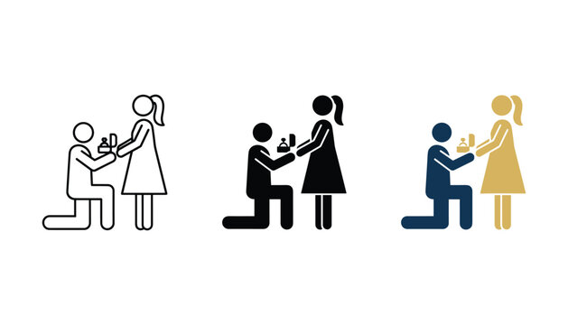 Man proposing to woman with engagement ring icon set in line art solid black and blue flat color styles for wedding planning or romantic relationship themed website and app design elements