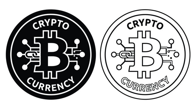 Two circular bitcoin crypto currency symbols featuring a bold black and white outline design representing modern digital financial technology and secure decentralized internet asset trading systems