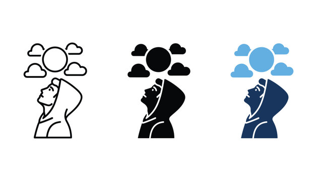 Man looking at sun and clouds icon set featuring linear black and colored flat designs for weather forecasting meteorology climate awareness and outdoor activities apps in high resolution vector