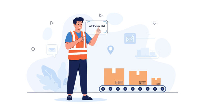 Warehouse worker using AR picker list app to manage conveyor belt packages for efficient logistics and supply chain operations.