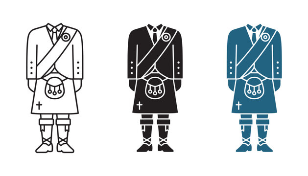 Traditional Scottish man wearing kilt and formal highland attire in three distinct graphic styles including line art and silhouette for cultural heritage and travel industry branding visual assets