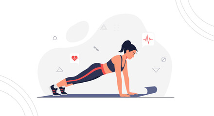 Obraz premium Woman doing plank exercise on yoga mat, healthy lifestyle, fitness, workout, cardio, sport, active, wellness illustration