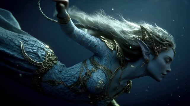Fantasy, mysterious, wallpaper. A detailed digital artwork depicts a serene underwater scene. The main subject is a female figure with a contemplative expression. She wears ornate.