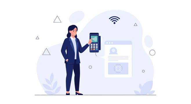Woman with POS machine and digital payment interface, symbolizing contactless transactions and modern finance