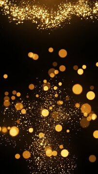 Golden bokeh particles floating upward on black background for luxury events