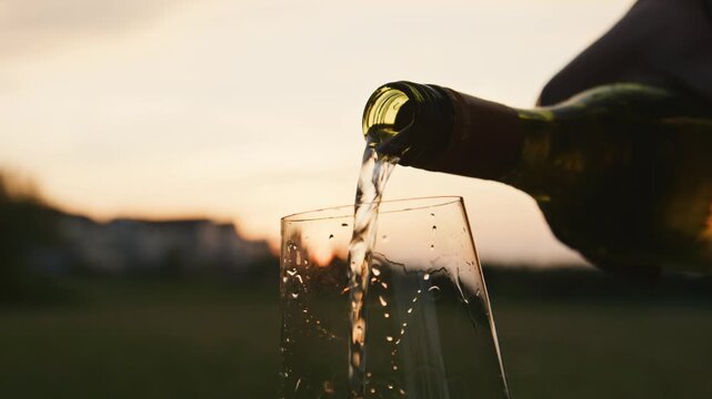 A person pours exquisite white wine into elegant glasses as the sun sets, creating a magical atmosphere filled with rich flavors and luxurious moments shared among friends.