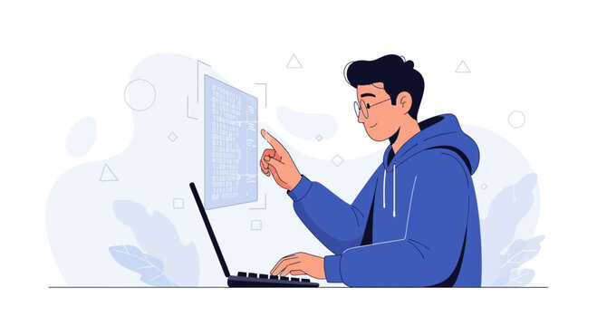 Young programmer wearing glasses and a blue hoodie, typing on a laptop and interacting with a futuristic digital interface displaying binary code.