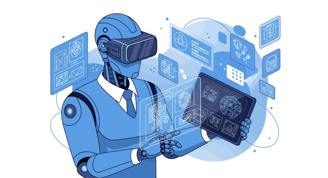 Robot wearing VR headset holding tablet with digital interfaces.