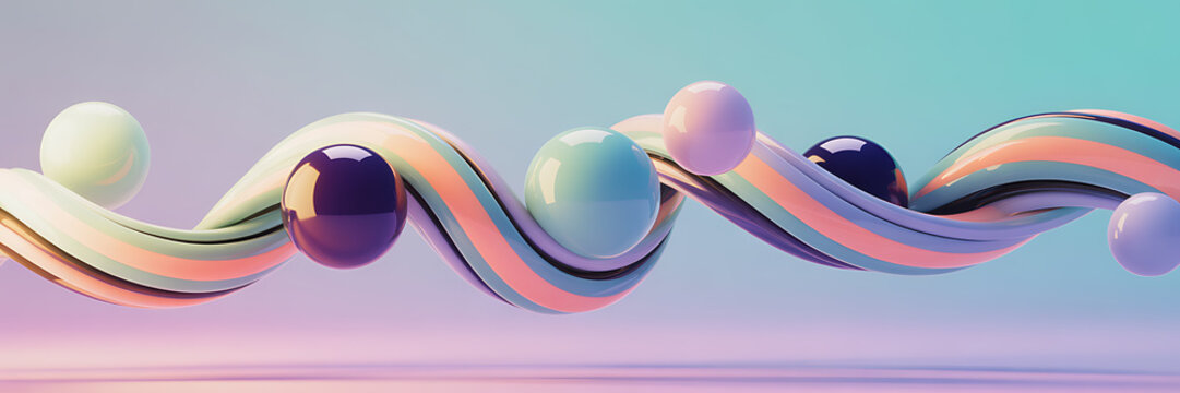 Colorful three dimensional flowing ribbons with spherical elements a seamless abstract composition ribbon three-dimensional shapes curved pastel gradient
