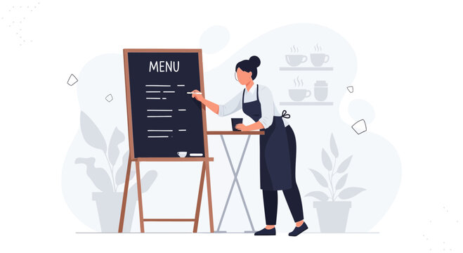 Barista writing on chalkboard menu in a modern cafe, flat design illustration