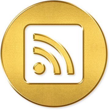 Rss feed square icon with gold metallic 3D coin badge for RSS feed square, blog subscribe, news update, content stream, syndication on transparent background