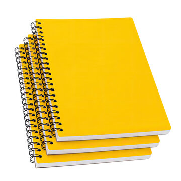 Set of Three Yellow Spiral Notebooks Mockup Isolated on Transparent Background Premium Stationery 3D Illustration, Generative AI