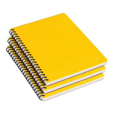 Set of Three Yellow Spiral Notebooks Mockup Isolated on Transparent Background Premium Stationery 3D Illustration, Generative AI