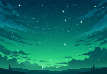 Obraz premium Anime Wallpaper Night Green Sky with Stars and Clouds.