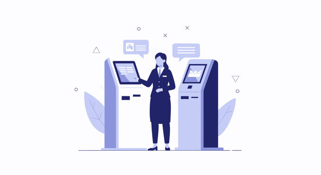 Businesswoman Interacting with Self-Service Kiosks for Information and Transactions
