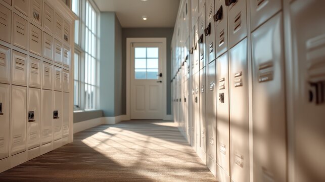 Perspective shot down a long bright corridor with a row of neutral-toned metal lockers, sunlight casting shadows on the floor, modern school or office hallway background