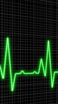 Green heart rate pulse line spiking on medical monitor grid for healthcare and life concept