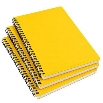 Set of Three Yellow Spiral Notebooks Mockup Isolated on Transparent Background Premium Stationery 3D Illustration, Generative AI