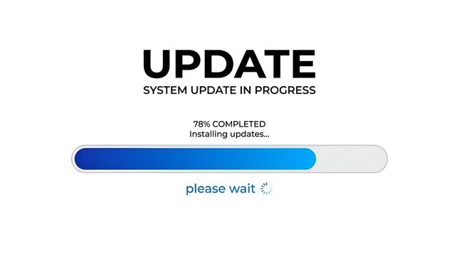 Updating system progress bar, blue loading animation on white background