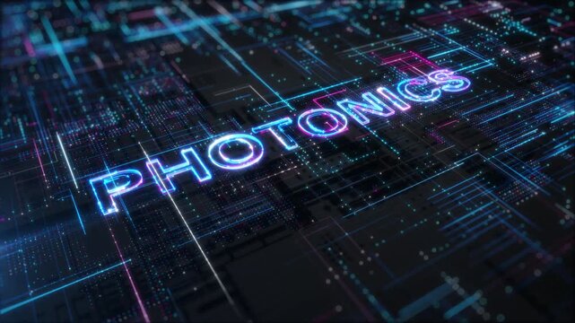 Photonics technology concept with glowing digital typography, optical computing network, integrated circuits, high speed data transmission, and futuristic semiconductor innovation