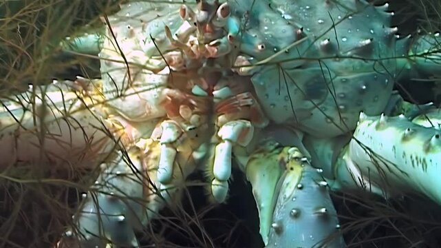 Witness a giant Red King Crab, Paralithodes Camtschaticus, resting majestically on the deep Arctic seabed.