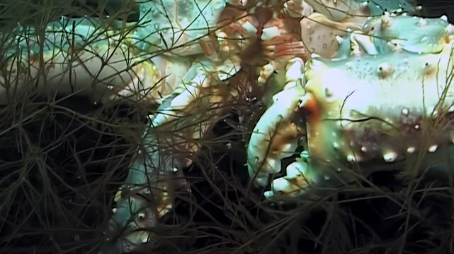 A magnificent Red King Crab, Paralithodes Camtschaticus, explores the vibrant, spiky flora of the Arctic ocean floor. This intimate close-up reveals its rugged shell within the cold, deep waters.
