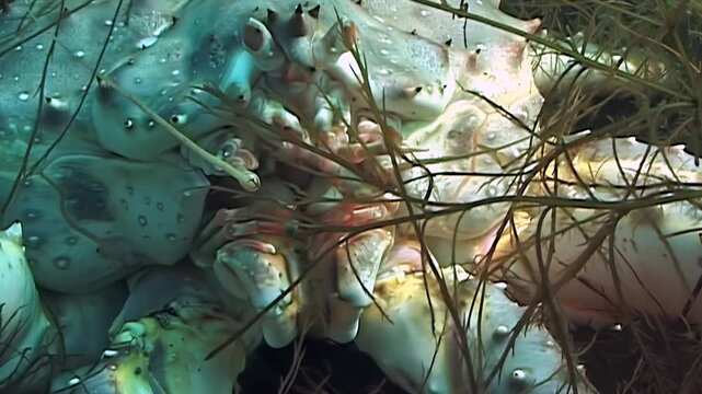 A large Red King Crab, Paralithodes Camtschaticus, majestically resides among swaying marine plants in the frigid Arctic Ocean. Its spiky shell is visible in stunning close-up detail.