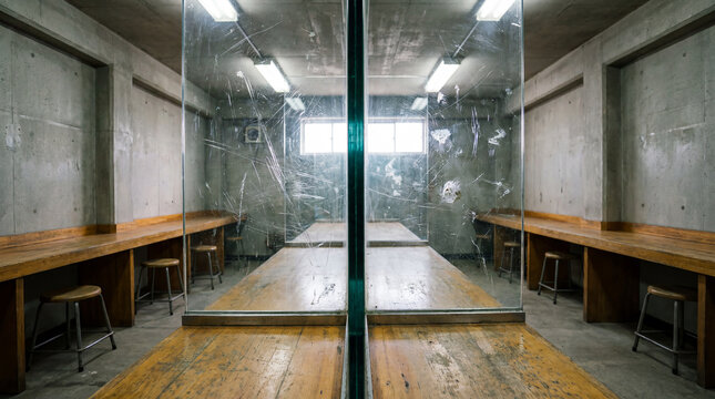 Thick Scratched Bulletproof Glass Pane Dividing A Long Institutional Prison Visiting Room Counter Area Securely
