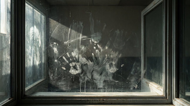Dirty Smudges And Handprints Visible On The Thick Glass Of An Empty Prison Visitation Booth