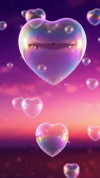 Heart shaped iridescent bubbles drifting through a romantic pink and purple sunset sky