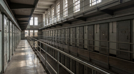 Obraz premium Multilevel Tiered Prison Facility Gallery Corridor Featuring Endlessly Repeating Steel Cell Doors With Complete Emptiness
