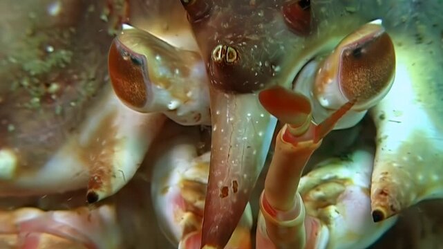 Immerse yourself in the chilling Arctic ocean, where a magnificent Paralithodes Camtschaticus, a large red king crab, makes its home. Observe its intricate features in exquisite detail.