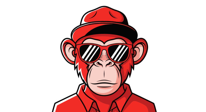 Cool chimpanzee mascot wearing red hat and sunglasses