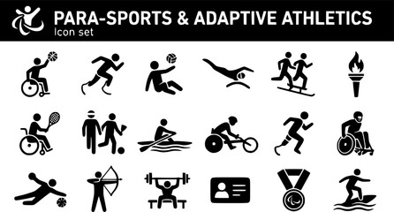 Obraz premium Para-Sports and Adaptive Athletics Icon Set with Wheelchair Basketball, Running Blade Sprinter and Paralympic Torch, 20 Icons Definitive Inclusive Sport Reference Library, Flat Vector