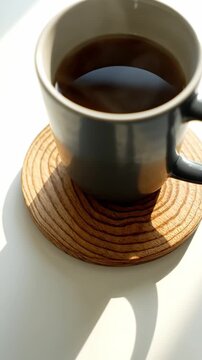Hot cup of coffee with rising steam on a wooden coaster in bright morning sunlight