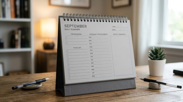 September planner on wooden desk
