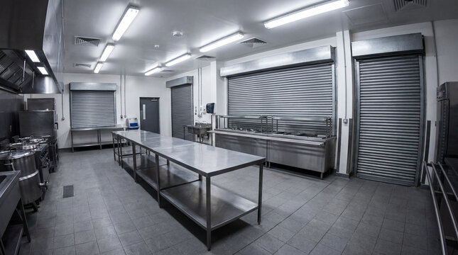 Secure Prison Facility Kitchen Featuring Stainless Steel Counters And Heavy Security Shutters Lacking Human Presence