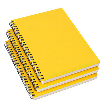 Set of Three Yellow Spiral Notebooks Mockup Isolated on Transparent Background Premium Stationery 3D Illustration, Generative AI