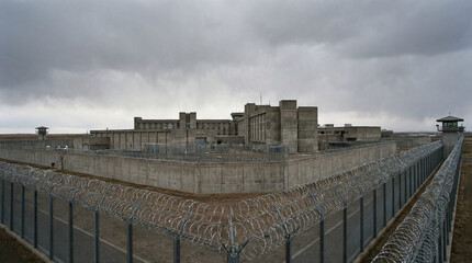 Obraz premium Imposing prison facility exterior compound heavily surrounded by dangerous razor wire fencing without any humans