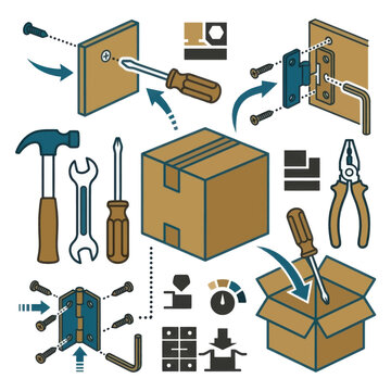 Flat pack furniture assembly icons with tools and boxes