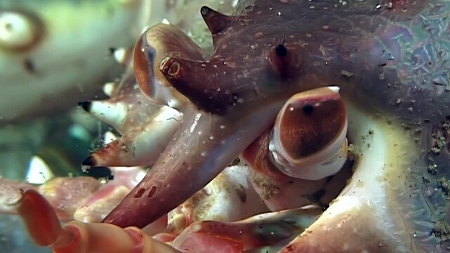 An intimate look at a colossal Red King Crab, Paralithodes Camtschaticus, navigating the perpetual twilight of the Arctic Ocean. Its armored shell and sharp eyes command attention in its cold world.