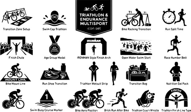 Triathlon and Endurance Multisport Icon Set with Transition Zone, Finish Chute and Open Water Swim, 20 Icons Definitive Triathlon Reference Library, Flat Vector