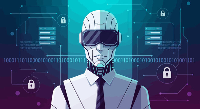 Futuristic robot wearing VR headset in digital security environment.