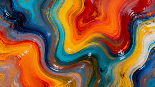 Melding organic colors forming flowing abstract pattern, vibrant paint swirl, non-directional texture allowing flexible cropping, visual rhythm and surface flow, high-quality stock photo background