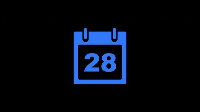Calendar Date 28 Day Countdown Monthly Organizer Blue Transparent Alpha Channel Reveal Animation