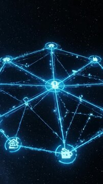Internet of things icons forming a glowing blue network constellation against a dark starry sky