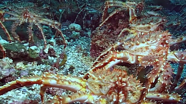 A breathtaking migration unfolds as numerous large red King Crabs, Paralithodes Camtschaticus, navigate the frigid seabed of the Arctic Ocean. Their purposeful journey graces the cold, deep waters.