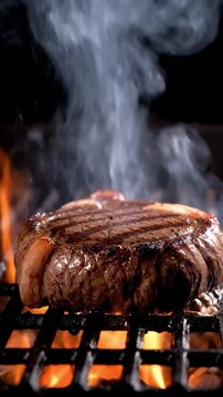 Juicy beef steak grilling on a barbecue with rising flames and smoke in slow motion