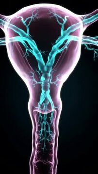 Detailed Anatomical Illustration of a Translucent Uterus with Vascular Structures for Medical and Educational Uses